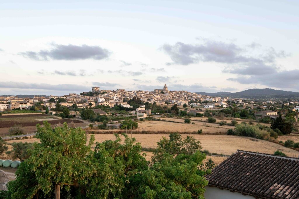 Landschaft mit Dorf und Feldern